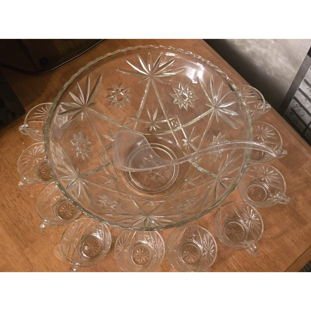Vtg L.E. Smith Glass Galaxy Punch Bowl Set 12 Cups & Ladle Pinwheel Stars MCM